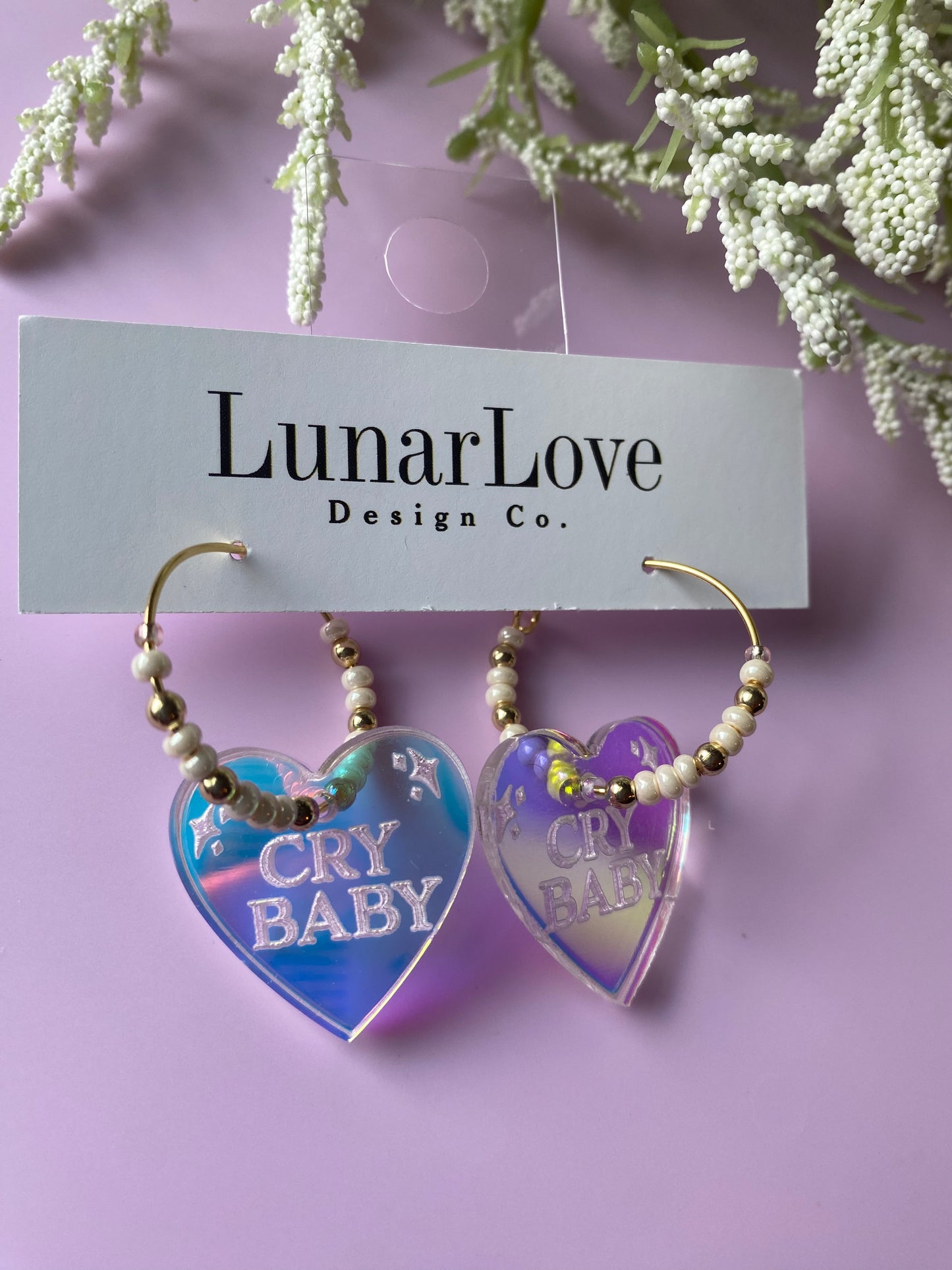 Beaded Cry Baby Acrylic Earrings - 18kt GP Hoops