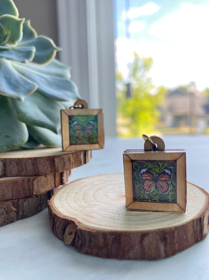 Monarch Butterfly Wooden Frame Earrings - Taxidermy Inspired