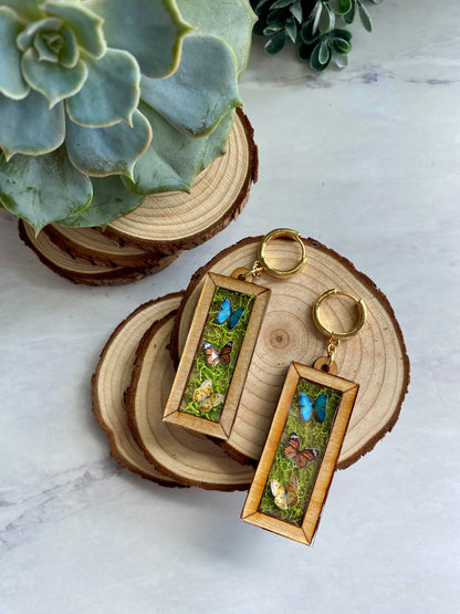 Butterfly Wooden Frame Earrings - Taxidermy Inspired