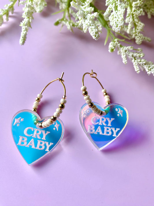 Beaded Cry Baby Acrylic Earrings - 18kt GP Hoops